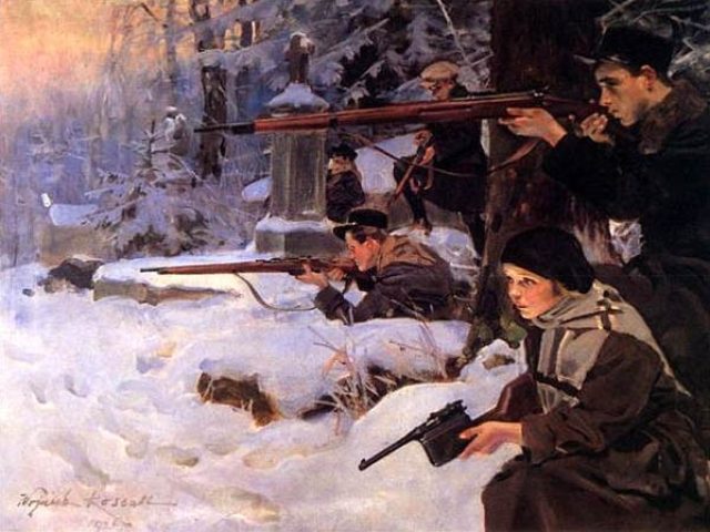Оборона кладбища львовскими орлятами зимой 1918 года. Картина Войцеха Коссака, 1926 г.
