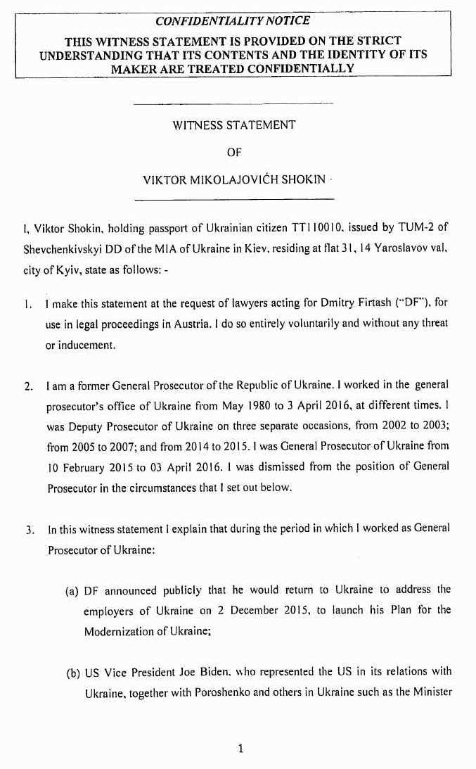 Опубликованы свидетельские показания украинского генпрокурора против Джо Байдена