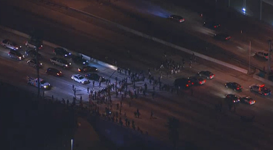 Протестующие против террора Белого дома перекрыли 110-е шоссе в Лос-Анджелесе.